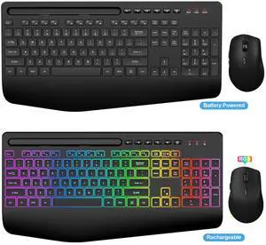 SABLUTE 2 Pack Wireless Keyboard and Mouse, Ergonomic Keyboard Mice Combo with Wrist Rest, Phone Holder, 2.4G Lag-Free, Silent Cordless Set for Windows, Mac, PC, Laptop (Backlit & No Backlit)