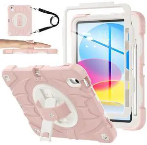 for iPad(A16) 11 inch 2025 case/10.9 inch iPad 10th Generation Case, Heavty Duty Shockproof Full Protective Case with Screen Protector and Rotatable Hand Strap, Shoulder Strap (Light Pink)
