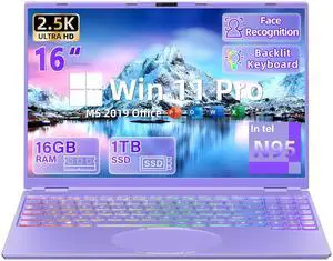 New 16" Purple Laptop,Ultra-Narrow Bezel 2.5K QHD IPS (2560x1600), in tel N95 (3.4GHz), 16GB RAM 1T SSD,Color Backlit KB, Face Unlock, USB-C/HDMI/WiFi/BT,Win 11 Pro, for Business Study Entertainment