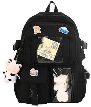 srdmuph Kawaii Backpack with Cute Accessories Pin Pendant Travel Laptop Bag Large Outdoor Waterproof Casual Daypack Women (Black)