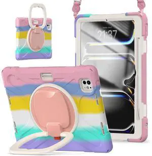 TSQQST for iPad Pro 11 Inch Case M4 2024 for Kids Girls with Screen Protector, Rugged Shockproof Case with Pencil Holder+Stand+Handle Grip+Strap for iPad Pro 11" 5th Gen, Rainbow