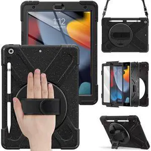Yuiklol Case for iPad 10.2 inch 2021 Generation 9th Tablet with Pencil Holder Rotate Hand Strap/Shoulder Strap with Kid for ipad 10.2'' 8th/7th Generstion (2020 2019) Cover,Black 2A