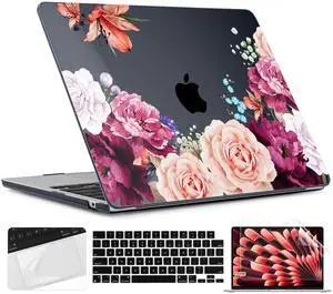 TWOLSKOO for M4 MacBook Air 13.6 inch Case 2025-2022 Release M4 A3240 M3 A3113 M2 A2681, Plastic Hard Shell & Screen Protector & Keyboard Cover & Trackpad Film, Black Peony