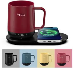 VFZO Temperature Control Smart Mug, Self Heating Coffee Mug LED Display, 180 Min Battery Life - Hot up to 149 Fast Wireless Charger Base Improved Design coffee serving sets (12oz, Burgundy)