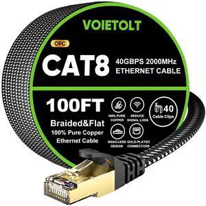 Cat 8 Ethernet Cable 100 FT Flat, High Speed 40Gbps 2000Mhz Braided Internet Cable with Gold Plated RJ45 Network LAN Cable SSTP, Heavy Duty Ethernet Cord Compatible for PS4/5, for Modems, PC/Laptop