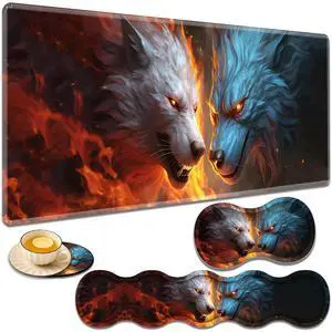 Gaming Mouse Pad Set, Large Gaming Mouse Pad+Keyboard Wrist Rest+Mouse Wrist Rest+Coaster, Easy Typing Pain Relief, 31.5 x 11.8 inch Desk Mat for Home Office - Ice Wolf and Fire Wolf