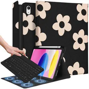 Wazzasoft for iPad 10th Generation Case with Keyboard - for iPad A16 Cases Pencil Holder 10.9 Inch Cover Women Girls Cute Girly Black Flower Unique Design Funda for Apple Tablet 10th/11th gen
