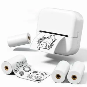 Mini Printer M02X Sticker Printer Print Pod Thermal Sticker Maker Bluetooth with White Thermal Paper 4 Rolls-50mmx3.5m,Compatible with iOS & Android
