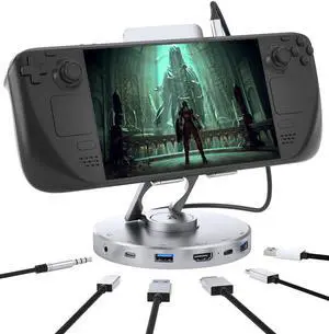 YCBUENO 6 in 1 Docking Station for Steam Deck and ROG,with 4K@60Hz,100W PD,Audio,USB A,USB C Rotatable Folding Type-C Tablet Stand Holder for iPad,Steam Deck,ROG Ally,Phone