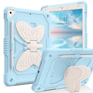 YINLAI Case for iPad 9th 8th 7th Generation 10.2 Inch, iPad air 3rd Case with Pencil Holder Butterfly Kickstand Kid Girl Shockproof Protective Cover for iPad 9 8 7 Gen 2021/2020/2019, Blue