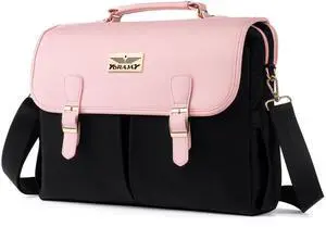 YORAMY Canvas Laptop Tote Bag for Women; Lightweight Messenger Work Bag; Large Tote Bag with Zipper for School; Leather Cover, Carry Handle, Adjustable Shoulder Strap, 17 Pockets (Black/Pink)