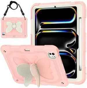 Case for iPad Pro 11 Inch 2024 (5th Gen), Cute Butterfly Cartoon Silicone Kickstand Shockproof Protection Cover with Strap for iPad Pro 11-inch M4 Case for Kids Boy Girl Gift (Pink)