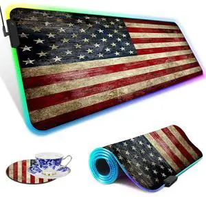 RGB Gaming Mouse Pad Large Mouse Pad Desk Mat Led Mouse Pad Light-up Mouse Pad, Large Keyboard Pad, Optical Waterproof Non-Slip, Great for Gamers, Vintage Red American Flag