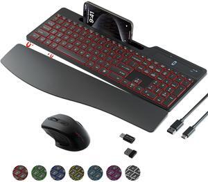 Wireless Keyboard Mouse Combo, Full Size Ergonomic Keyboard with Backlit, Wrist Rest, Calculator, Phone Holder, 2.4Ghz Silent Cordless Rechargeable Keyboard & Mouse for Laptop, PC, Windows, Mac OS