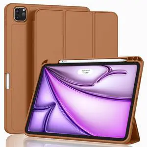ZryXal New iPad Air 13 Inch Case M3 2025/M2 2024 with Pencil Holder, Trifold Stand Smart Case with Soft TPU Back,Auto Wake/Sleep(Brown)