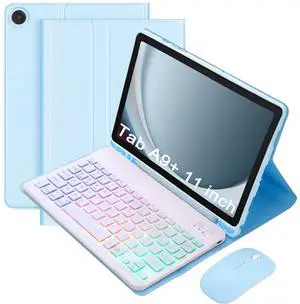 VLEAQC Keyboard Case for Samsung Galaxy Tab A9+/A9 Plus 11 Inch 2023 (SM-X210/X216/X218), Detachable Color Backlit Bluetooth Keyboard and Mouse, Slim Lightweight Stand Cover with Pen Holder (Blue)