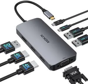 USB C Dock, MOKiN Docking Station 3 Monitors, Displayport, VGA, 100W PD Charging, 2USB A 2.0, USB C 2.0 Ports Multiport Adapter, 8 in 1 USB C Hub for Dell, HP, Lenovo Thinkpad