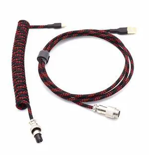Angitu L Shape Single Sleeved PET Coiled Type C Cable for Mechanical Keyboard Coiling Spring Sprial Cable with GX12 Aviator (1.5M+0.2M, B-Red)