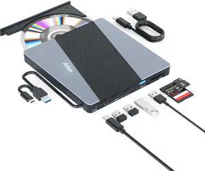 Alxum External CD Drive, 8 in 1 External DVD Drive for Laptop Portable CD Player with Multiple Ports Support Faster Transfer Speed CD 8X DVD 24x for Windows 11/10/8/7 MacOS and More