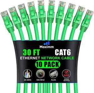 Maximm Cat 6 Ethernet Cable 30 ft (10-Pack) - High-Speed LAN Cable, Internet Cable, Patch Cable, and Network Cable - UTP, 10Gbps, 550MHz Ethernet Cord - Green
