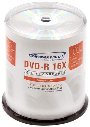 Vinpower Digital DVD-R 4.7GB 16x Silver Top Recordable Media 100 Disc Cake Box Spindle Shiny Silver Lacquer Top Premium Archival Grade Blank DVDs for Burning Video