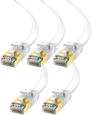 Maximm Cable CAT7 Flat Ethernet Cable, 5 Pack (White, 20ft) 10 Gbps, 600 MHz, Shielded RJ45 Gold Connectors Ultra-Thin Flexible Design for Home & Office Networking