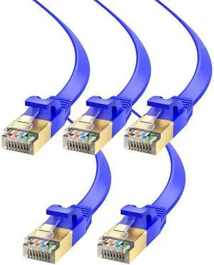 Maximm Cable CAT7 Flat Ethernet Cable, 5 Pack (Blue, 20ft) 10 Gbps, 600 MHz, Shielded RJ45 Gold Connectors Ultra-Thin Flexible Design for Home & Office Networking