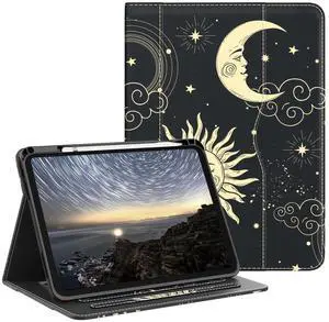 OKP Case for iPad 11-inch (A16) 2025 / 10th Generation 2022, for ipad 11th /10th 10.9 inch with Multi-Angle Viewing PU Leather Stand Cover with Pencil Holder & Pocket, Auto Sleep/Wake, Black Sun Moon
