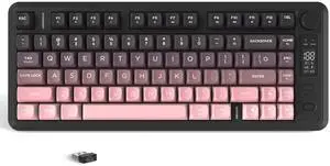 FREEWOLF M75 Wireless Membrane Gaming Keyboard Mechanical Feel with Knob & OLED Display Bluetooth/2.4Ghz Rainbow Backlit Gradient PBT Keycaps 2000mAH Battery Anti-Ghosting-Pink