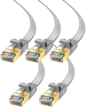 Maximm Cable CAT7 Flat Ethernet Cable, 5 Pack (Gray, 20ft) 10 Gbps, 600 MHz, Shielded RJ45 Gold Connectors Ultra-Thin Flexible Design for Home & Office Networking