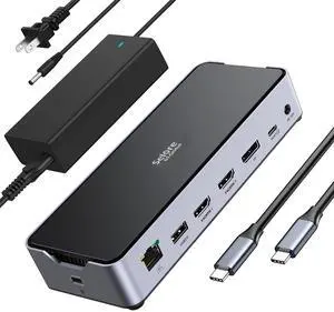 USB C Docking Station 3 Monitors Laptop Dock Dual Monitor with 2 HDMI DisplayPort 4K144Hz,USB A 2.0/3.0,USB C 3.1 10Gbps&30W Output,Ethernet,MicroSD&SD,Audio&Mic,150W DC Power for Dell/Lenovo/HP