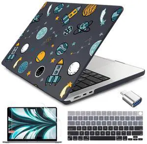 Batianda Case for New MacBook Air 13.6 inch 2025 M4 2024 2022 Release Model A3240 A3113 M3 A2681 M2, Designed Protective Hardshell Keyboard Cover and USB-C OTG Adapter, Cartoon Spaceship