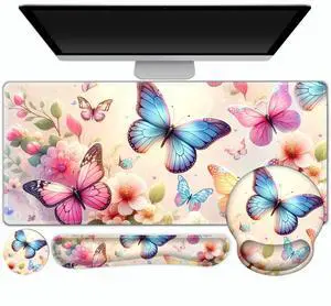 Gaming Mouse Pad, Large Desk Mat, Cute Desk Pad Protector, 4in1 XXL Mousepad + Keyboard Wrist Rest+Mouse Wrist Rest+Coaster Set with Ergonomic Desk Pad for Home Office PC Computer, Butterflies Flowers