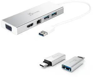 j5create USB A Hub with HDMI, VGA, Ethernet + USB C to USB Type-A Adapter (JUD380 + JUCX15X2)