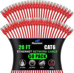 Maximm Cat 6 Ethernet Cable 20 ft (50-Pack) - High-Speed LAN, Internet, Patch, Network Cord - UTP, 10Gbps, 550MHz - Red