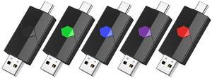 Aiibe 64GB USB C Flash Drive 5 Pack Type C + USB-A Dual Thumb Drive USB2.0 Memory Stick 64GB Flash Drives Push-Pull Portable Stick 64 GB (5 Pack, Black Green Red Blue Purple)