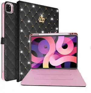 AuroiCCY Case for iPad Air 11 inch M3 (2025) / M2 (2024), iPad Air 5th/4th Generation (2022/2020) 10.9 inch with Pencil Holder, Smart Auto Sleep/Wake Shockproof Woman Girls Diamond Folio Cover, Black