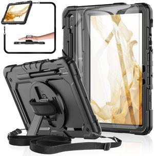 BASE MALL Case for Samsung Galaxy Tab S8/S7 11-inch 5G Tablet Case 2022/2020, [with Tempered Glass Screen Protector],360deg Rotating Kickstand/Hand & Shoulder Strap/S Pen Holder (Black)