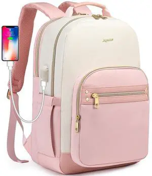 Laptop Backpack Women Work Bags - 15.6 inch Travel Backpack with USB Charger College Bookbag Waterproof Business Computer Backpack Anti-theft Casual Work Backpacks for Women Nurse Teacher Beige-Pink