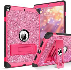 BENTOBEN for iPad Air 3 Case 2019, iPad Pro 10.5 Case 2017, Glitter Sparkly Heavy Duty 3 in 1 Shockproof Rugged Protective Hybrid PC TPU Bumper Kickstand iPad Air 3rd Girls Women Kids Cover, Hot Pink