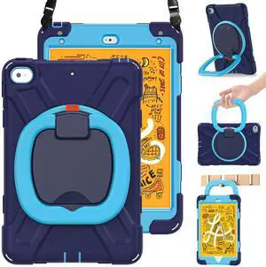 BRAECN Case for iPad mini 5th/4th Generation-Heavy Duty Full Body Protective Rugged Case with Pencil Holder,Kickstand,Hand Grip,Carrying Holder for iPad mini 5(2019),Mini 4(2015) 7.9 Inch, Navy+Blue
