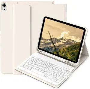 BQDIYOO Case for iPad 11th/10th Generation with Keyboard, 11 inch A16/10.9" iPad 10 Case (2025/2022) with Pencil Holder, Wireless Keyboard and Slim Lightweight Soft Cover Auto Wake/Sleep, Cream White