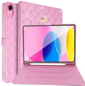 Changjia for iPad (A16) 11th Gen 11 Inch 2025/iPad 10th Generation 10.9" 2022 Case with Pencil Holder,Cute Crown Diamond Elegant PU Leather Auto Sleep/Wake Stand Protective Case for iPad 10/11th, Pink