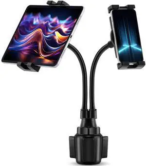 DaisyInner Dual Cup Tablet Mount Holder for Car 360deg Rotatable Mount Long Flexible Neck Adjustable Universal Size Fits for Most 2 Tablets 4.7"-10"