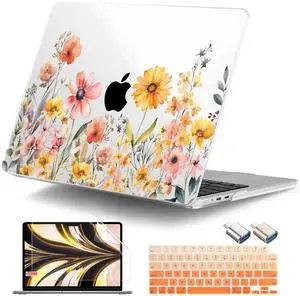 DONGKE for MacBook Air 13.6 Inch Case 2025 2024-2022 A3240 A3113 A2681 M4 M3 M2 Chip Touch ID, Plastic Hard Shell & Keyboard Cover & Type C Adapter for MacBook Air 13 inch M4, Color Daisy