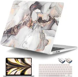 DONGKE for MacBook Air 13.6 Inch Case 2025 2024-2022 A3240 A3113 A2681 M4 M3 M2 Chip Touch ID, Plastic Hard Shell & Keyboard Cover & Type C Adapter for MacBook Air 13 inch M4, Grey Marble