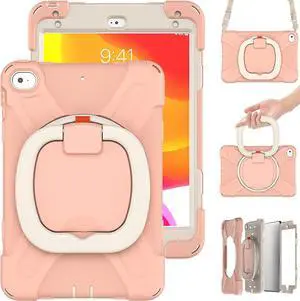 iPad Mini 5 Case,iPad Mini 4 Case,Protective Rugged Case with Pencil Holder, 360deg Swivel Stand/Handle Grip/Shoulder Strap for Kids, Boys, Girls (Pink)
