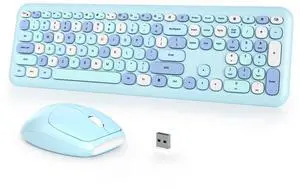 iTastatur Typewriter Wireless Keyboard and Mouse Combo,2.4G Office 104 Keys Full-Size Retro Punk Keyboard,Cute Blue Silent with Round Keycaps for Laptop PC Desktops (Blue Mix)