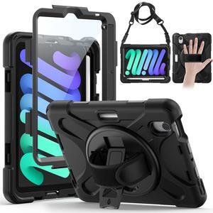 Gerutek Case for iPad mini 7 (A17 Pro) 2024/ Mini 6 2021 8.3", Heavy Duty Shockproof Case with Screen Protector, [360deg Rotating Stand] [Hand/Shoulder Strap], Pencil Holder for iPad mini 7/6th, Black