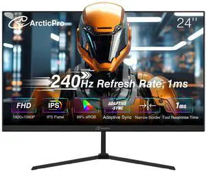 ArcticPro 24 inch Gaming Monitor 240Hz, FHD 1080p, IPS Panel, 0.5ms Response Time, Adaptive sync, PC Computer Monitor, 3-Sided Frameless, Ultra Slim, 100% sRGB, Bluelight Filter, DP*2, HDMI*2
